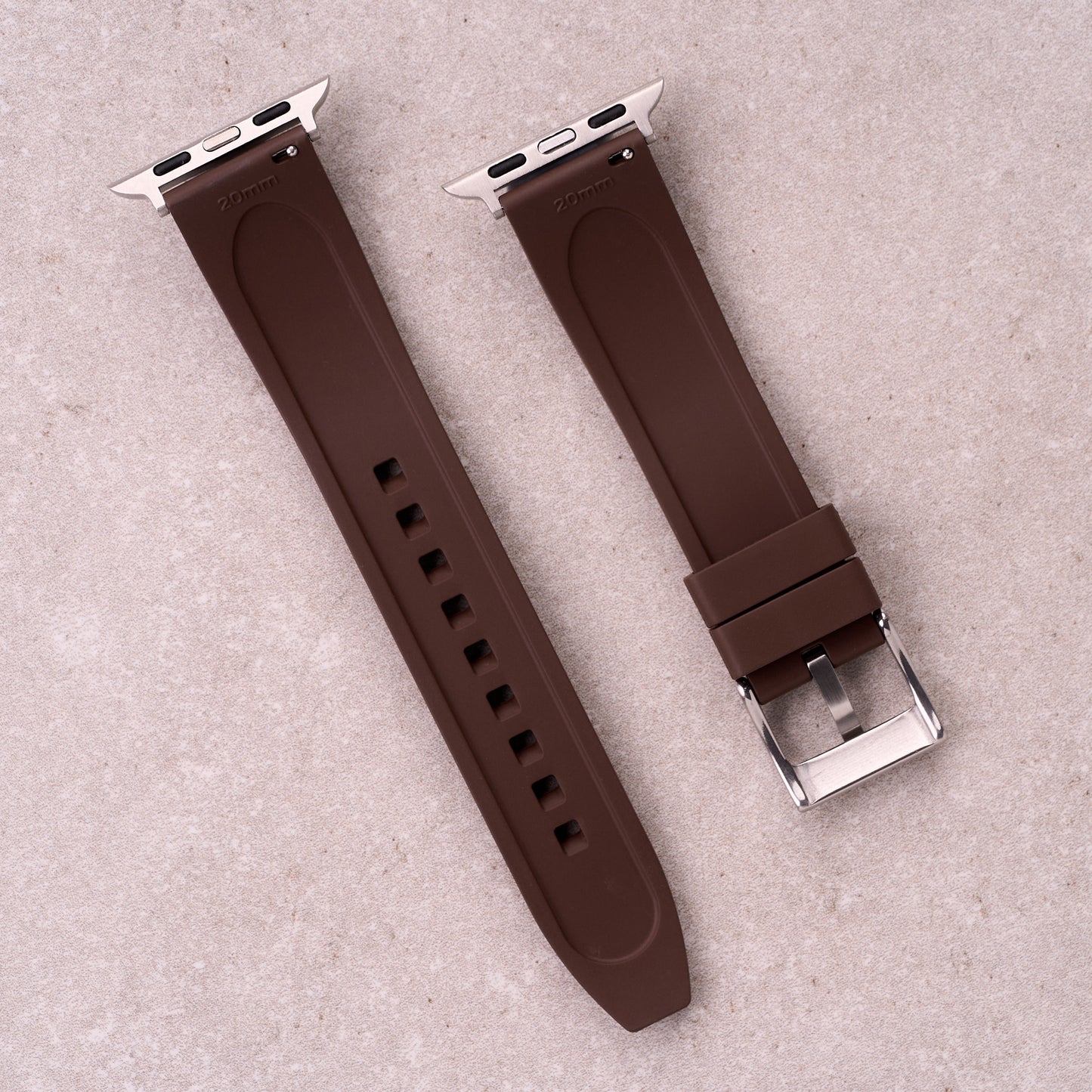 The Specter FKM rubber Apple Watch band in Brown, back view showing the quick release pin and strap size marking