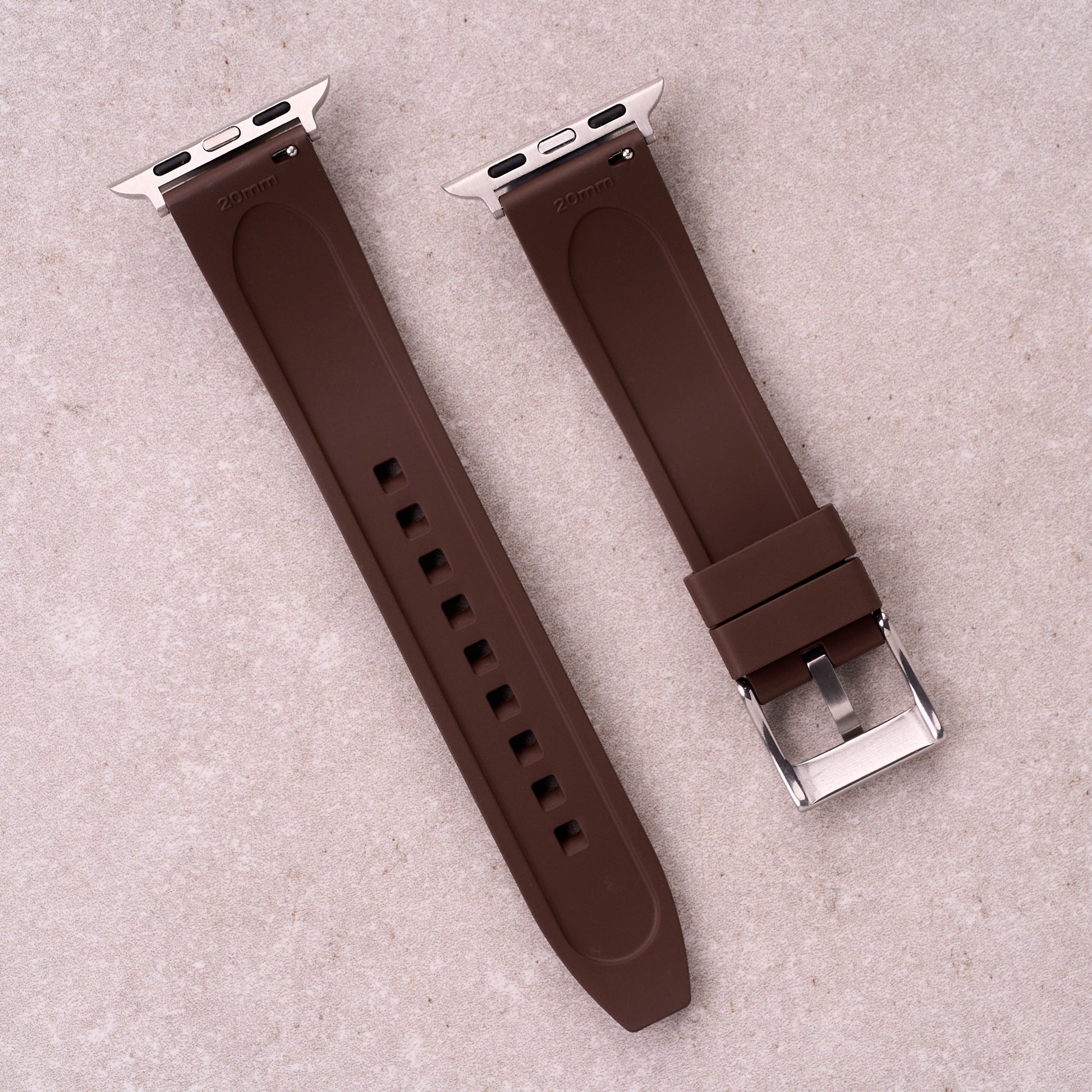 The Specter FKM rubber Apple Watch band in Brown, back view showing the quick release pin and strap size marking