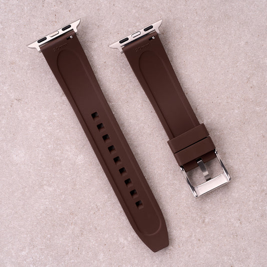 The Specter FKM rubber Apple Watch band in Brown, back view showing the quick release pin and strap size marking