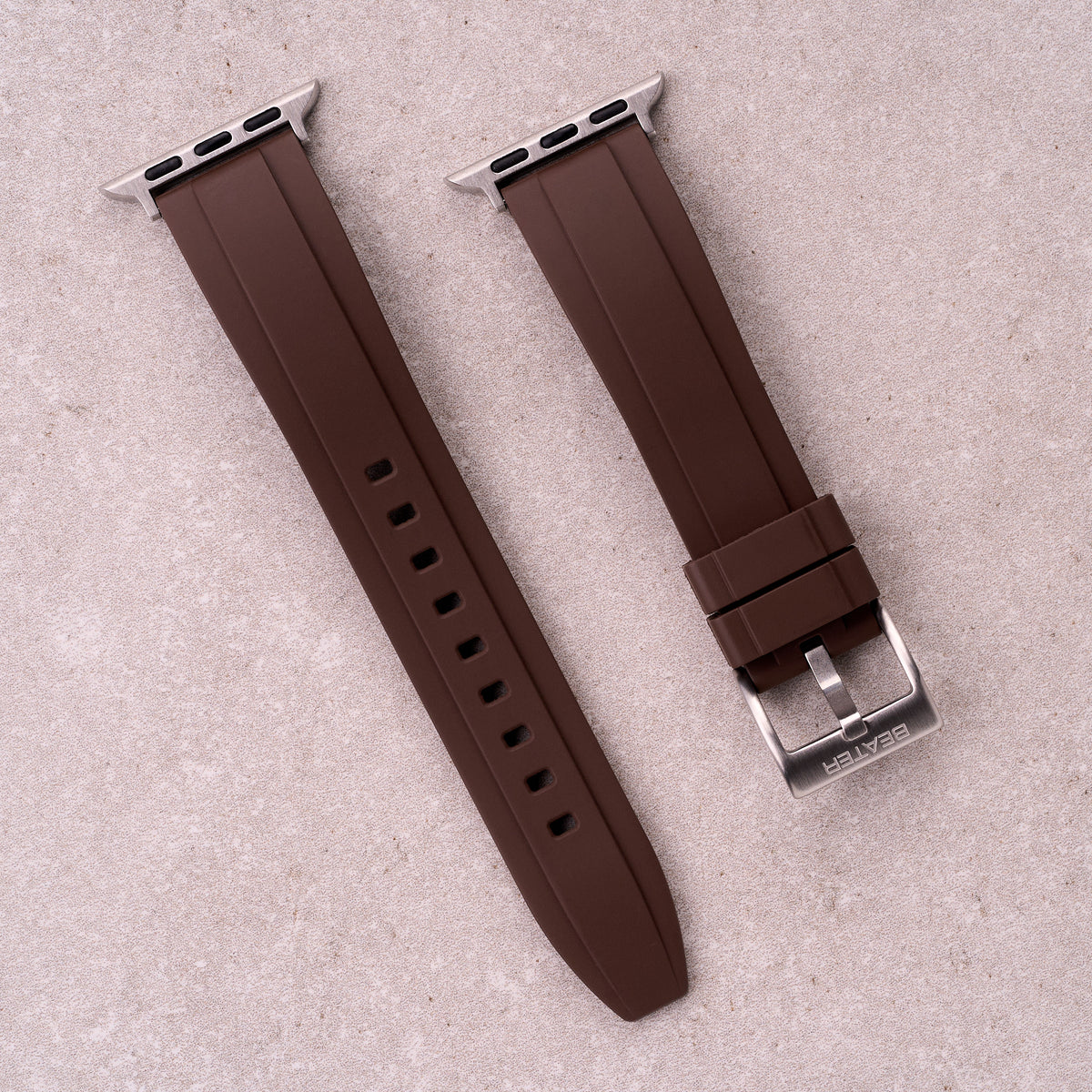 The Specter FKM rubber Apple Watch band in Brown, front view showing the full strap and buckle