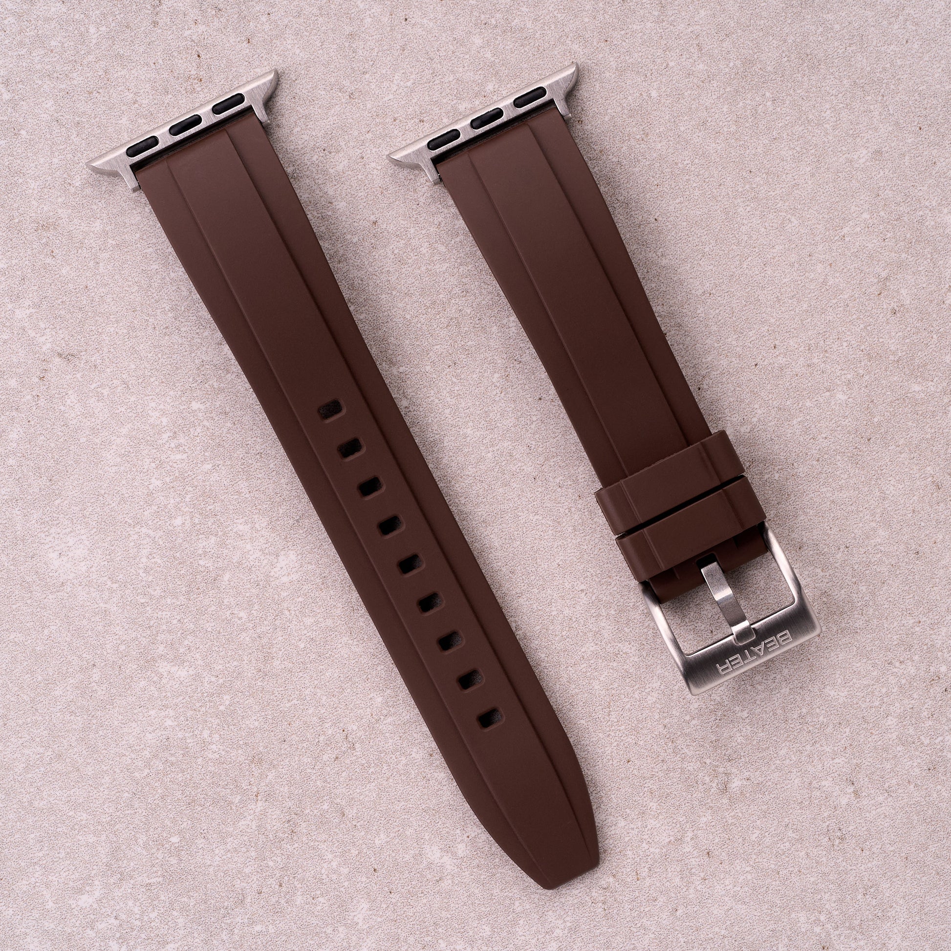 The Specter FKM rubber Apple Watch band in Brown, front view showing the full strap and buckle