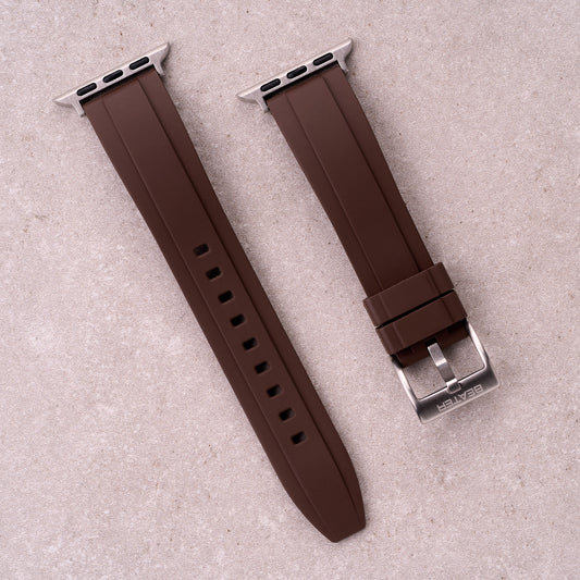 The Specter FKM rubber Apple Watch band in Brown, front view showing the full strap and buckle