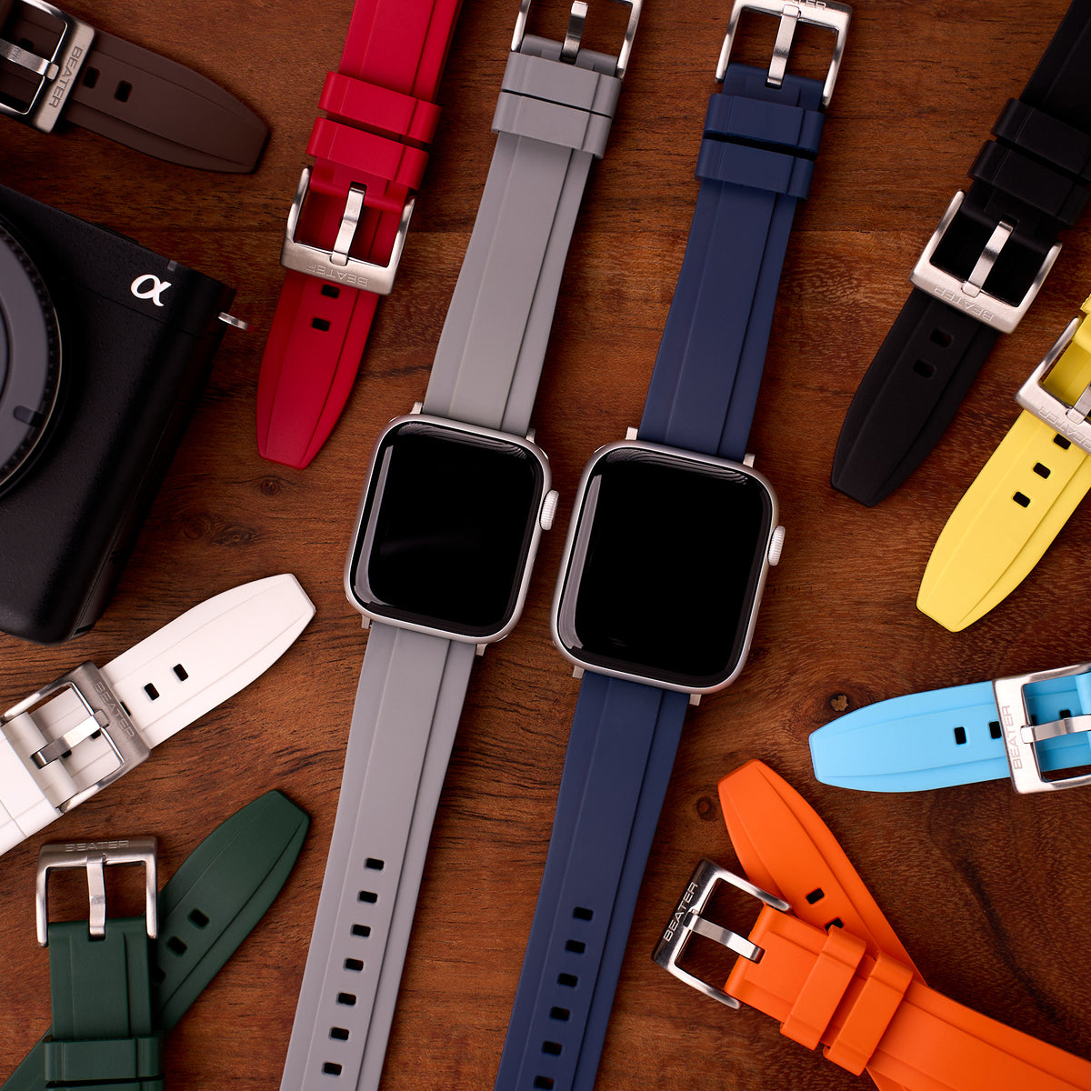 The Specter FKM rubber Apple Watch band, colour range laid out together