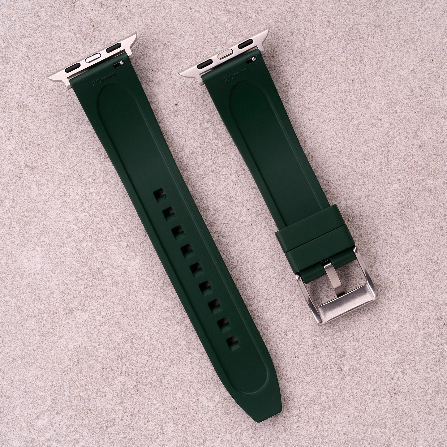The Specter FKM rubber Apple Watch band in Forest Green, back view showing the quick release pin and strap size marking