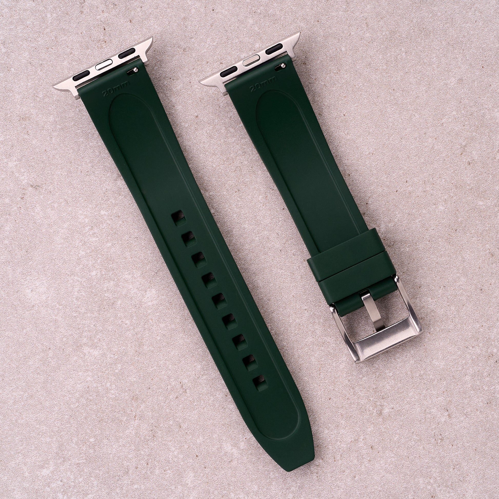 The Specter FKM rubber Apple Watch band in Forest Green, back view showing the quick release pin and strap size marking