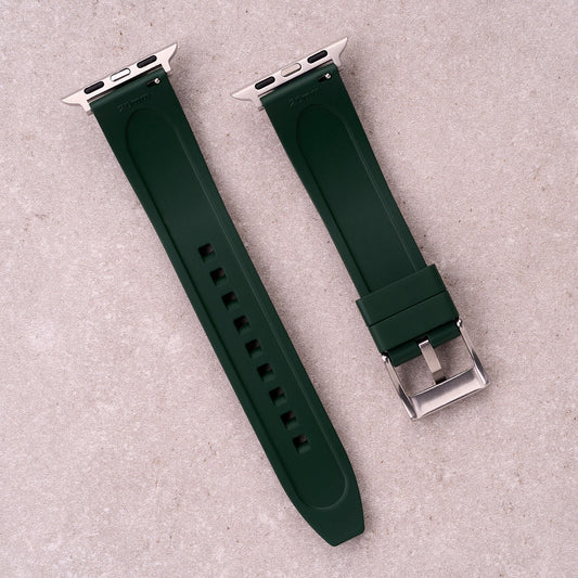 The Specter FKM rubber Apple Watch band in Forest Green, back view showing the quick release pin and strap size marking