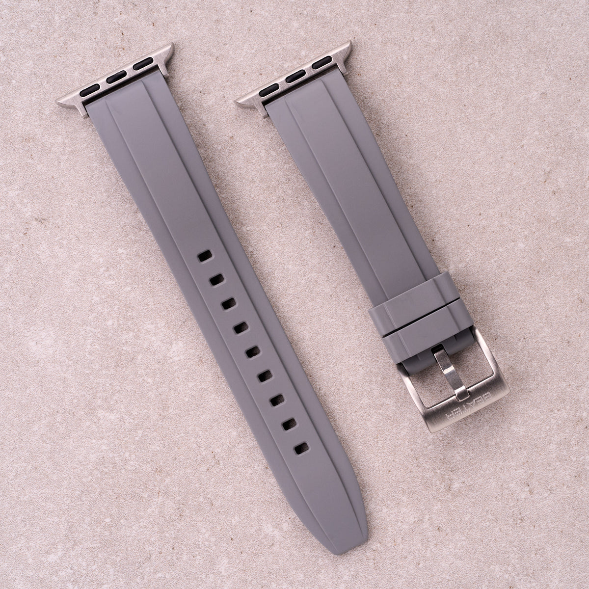 The Specter FKM rubber Apple Watch band in Grey, front view showing the full strap and buckle