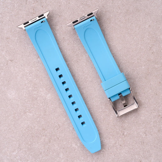 The Specter FKM rubber Apple Watch band in Light Blue, back view showing the quick release pin and strap size marking