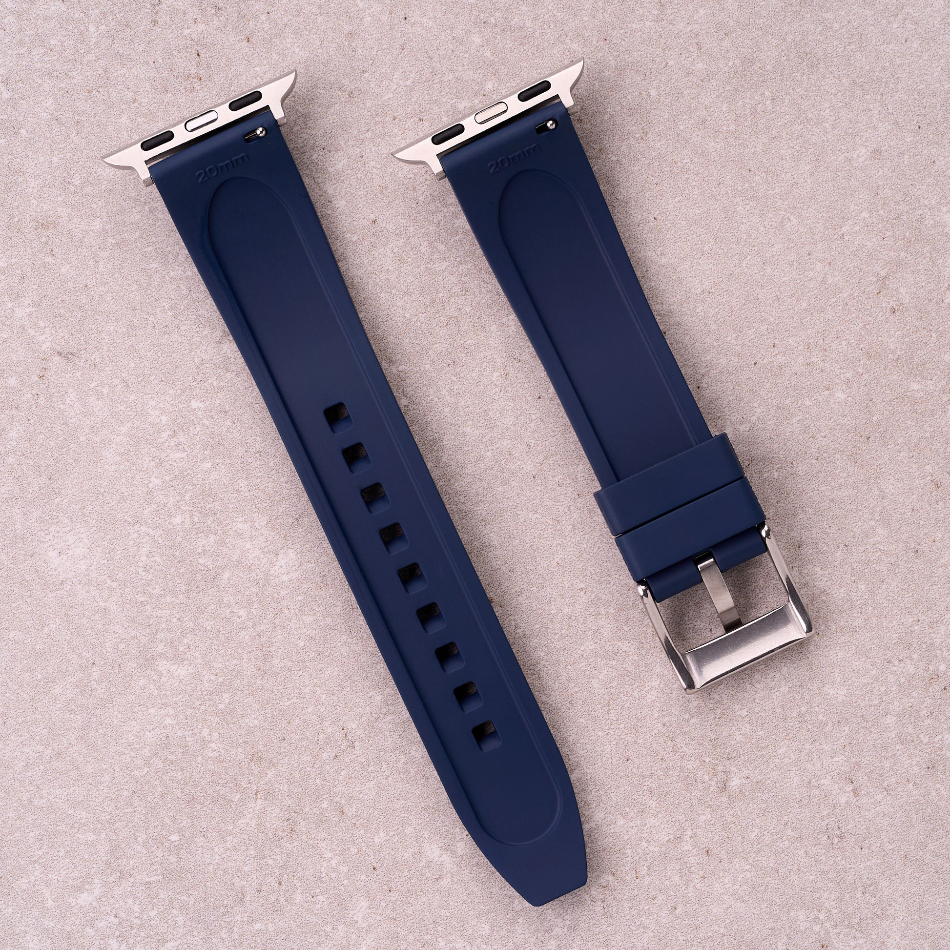 The Specter FKM rubber Apple Watch band in Navy Blue, back view showing the quick release pin and strap size marking