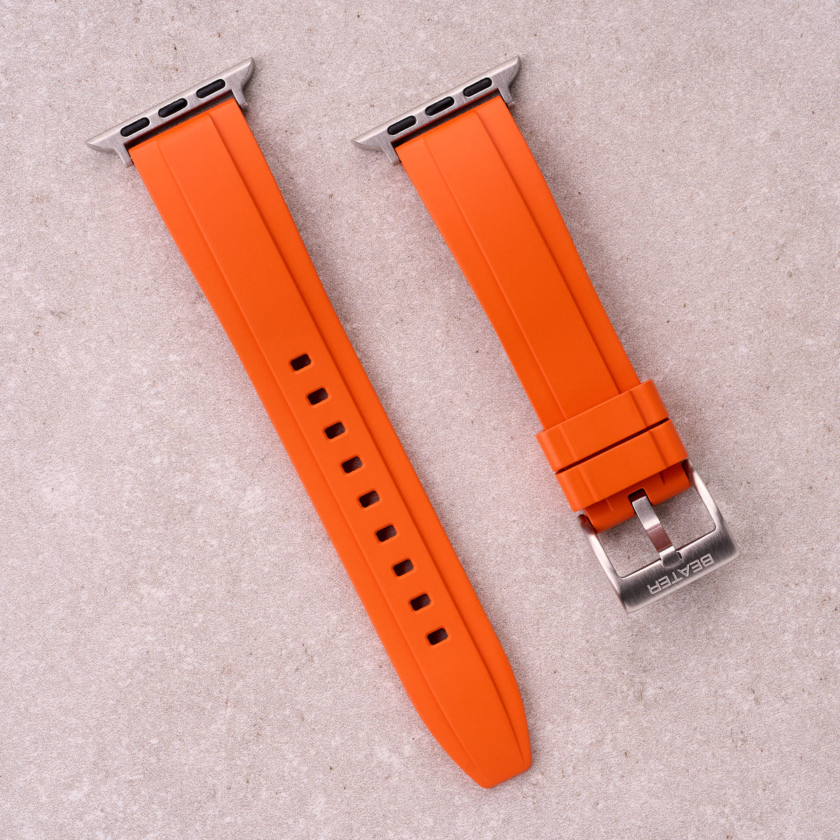 The Specter FKM rubber Apple Watch band in Orange, front view showing the full strap and buckle