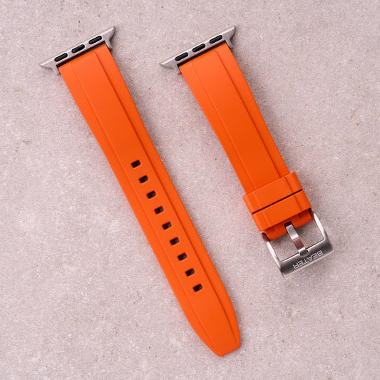 The Specter FKM rubber Apple Watch band in Orange, front view showing the full strap and buckle