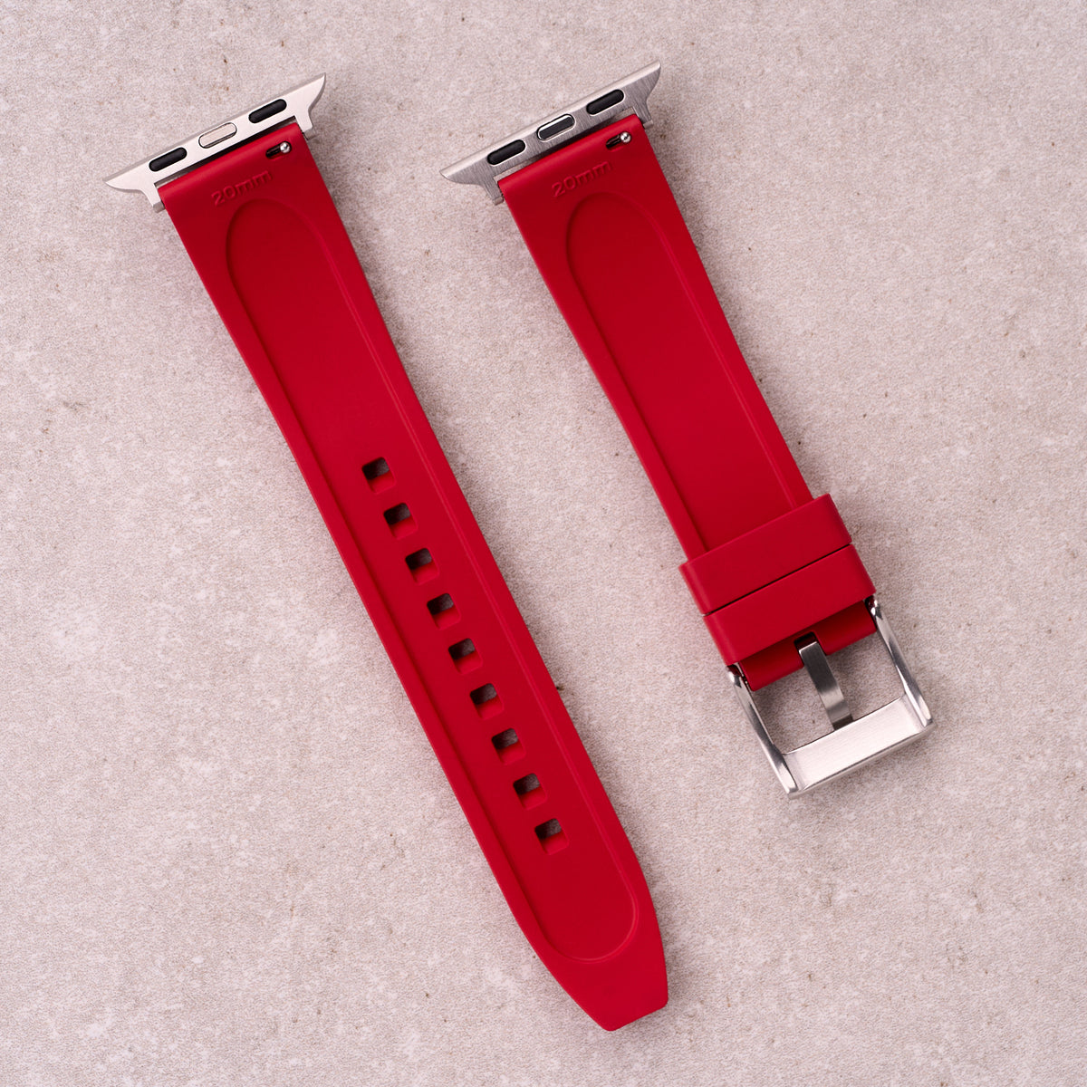 The Specter FKM rubber Apple Watch band in Red, back view showing the quick release pin and strap size marking