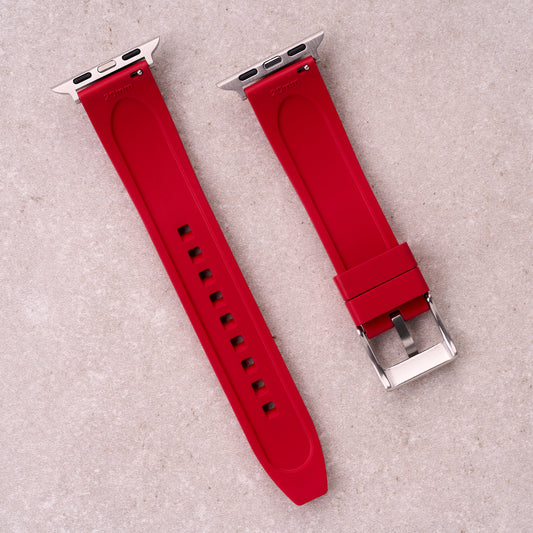The Specter FKM rubber Apple Watch band in Red, back view showing the quick release pin and strap size marking