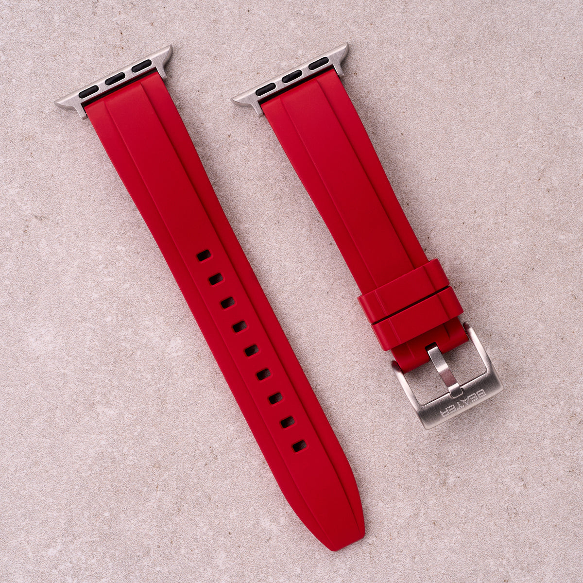 The Specter FKM rubber Apple Watch band in Red, front view showing the full strap and buckle