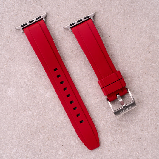 The Specter FKM rubber Apple Watch band in Red, front view showing the full strap and buckle