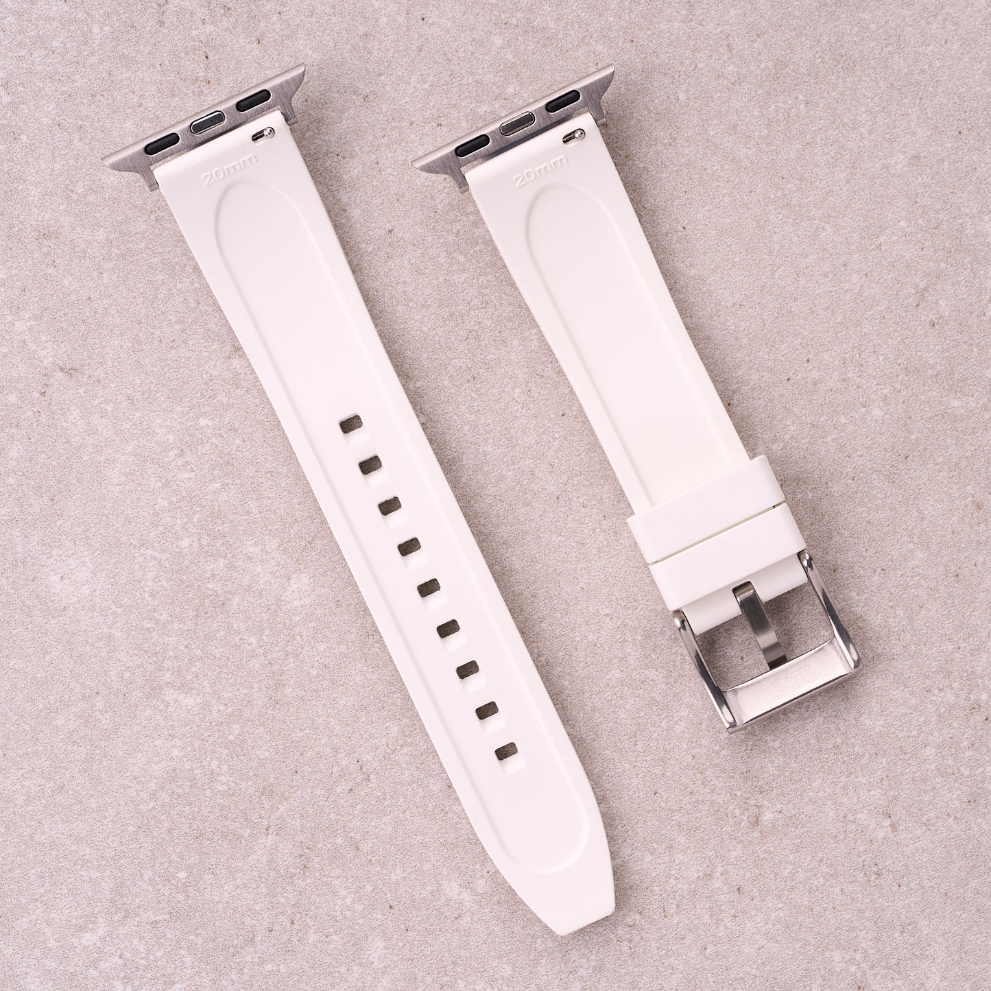 The Specter FKM rubber Apple Watch band in White, back view showing the quick release pin and strap size marking