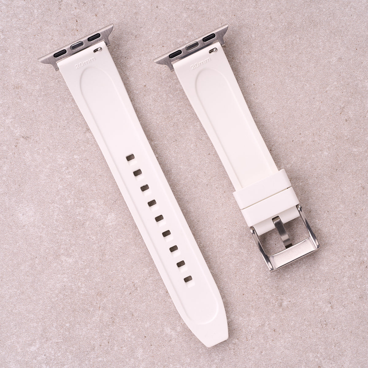 The Specter FKM rubber Apple Watch band in White, back view showing the quick release pin and strap size marking