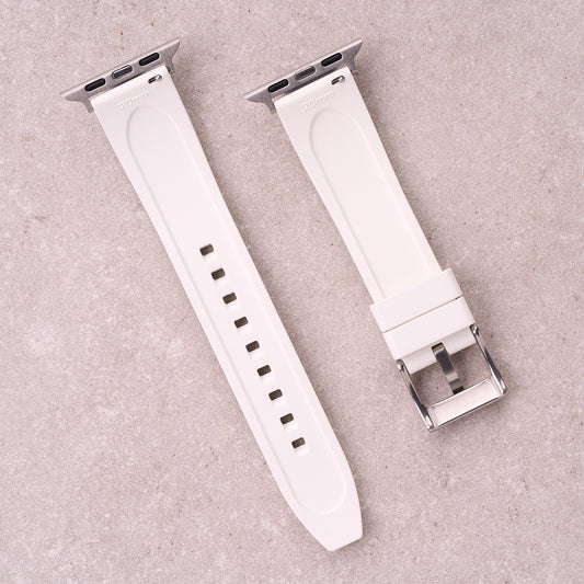 The Specter FKM rubber Apple Watch band in White, back view showing the quick release pin and strap size marking