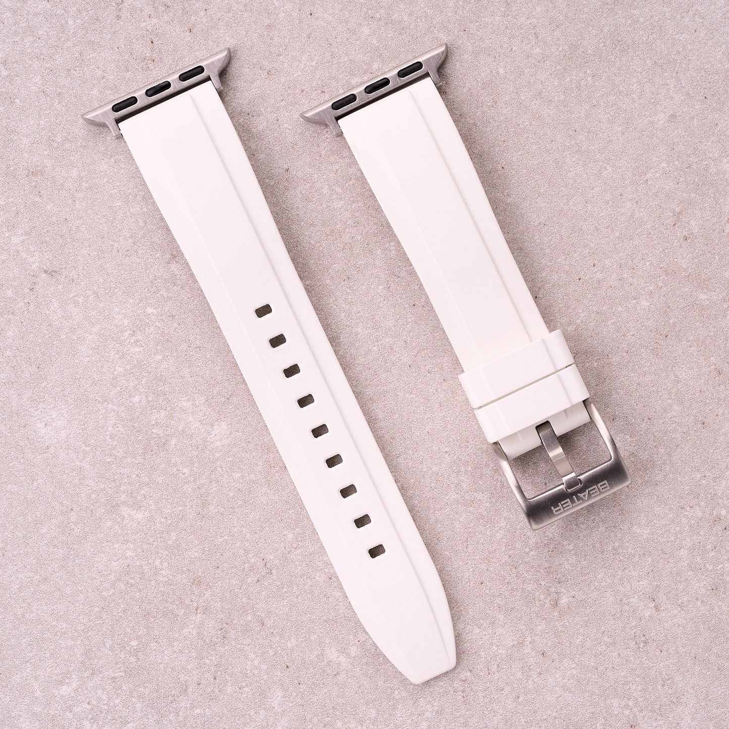 The Specter FKM rubber Apple Watch band in White, front view showing the full strap and buckle