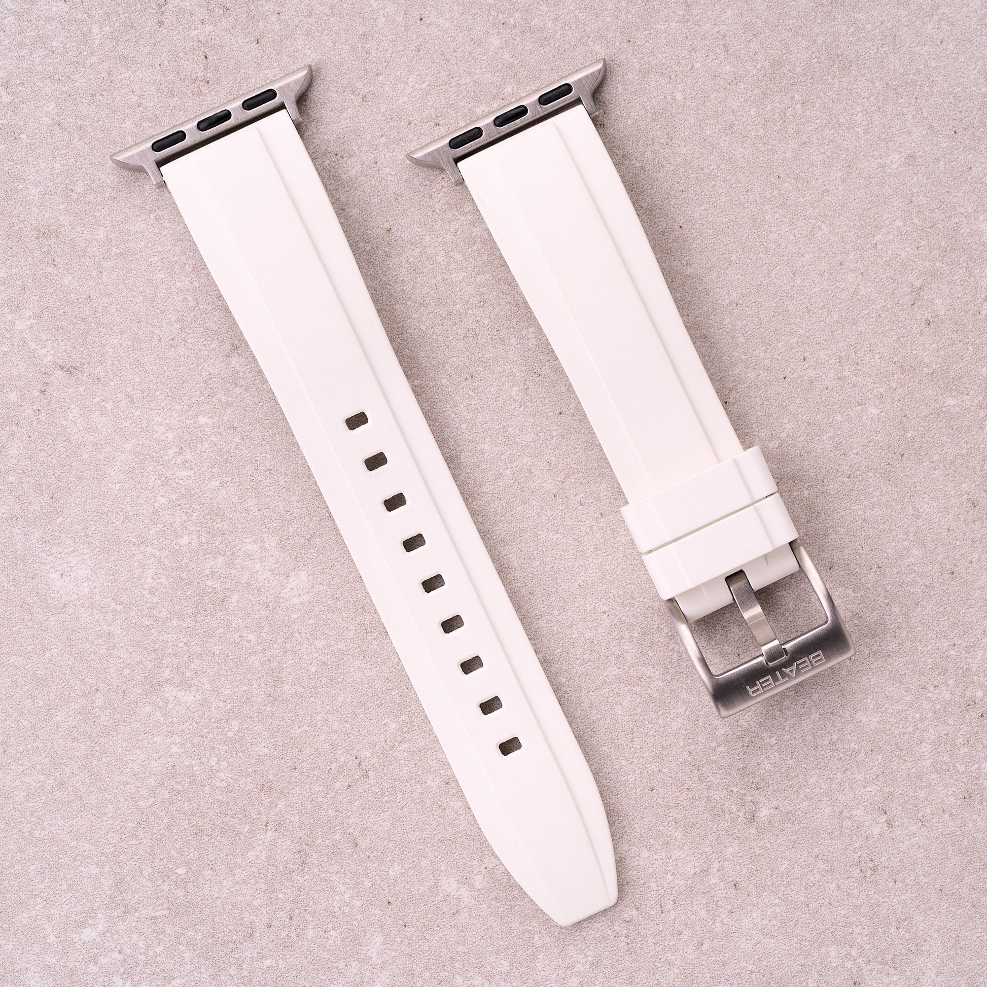 The Specter FKM rubber Apple Watch band in White, front view showing the full strap and buckle