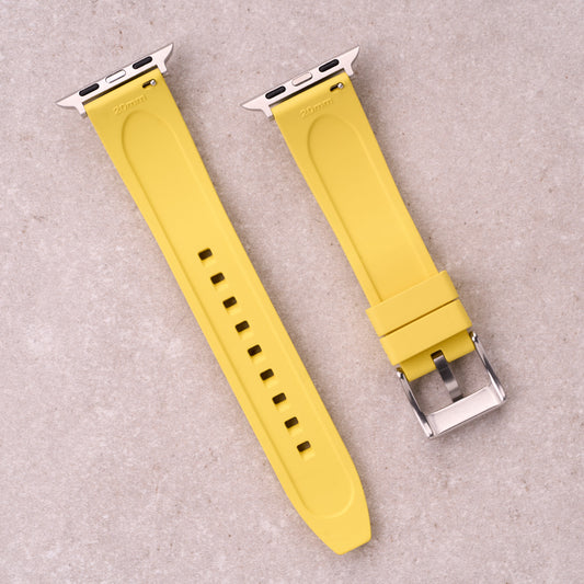 The Specter FKM rubber Apple Watch band in Yellow, back view showing the quick release pin and strap size marking
