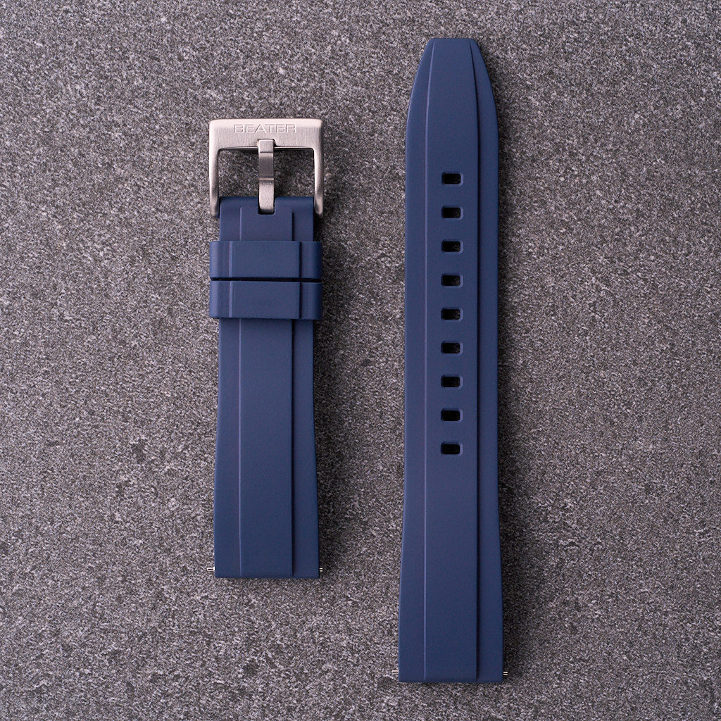 The Specter navy blue FKM rubber watch strap in 18mm 20mm 22mm and 24mm, modern band for everyday wear.