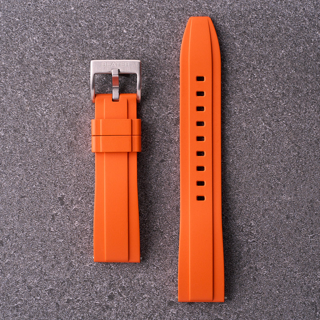 The Specter orange FKM rubber watch strap in 18mm 20mm 22mm and 24mm, bright waterproof band for sport watches.