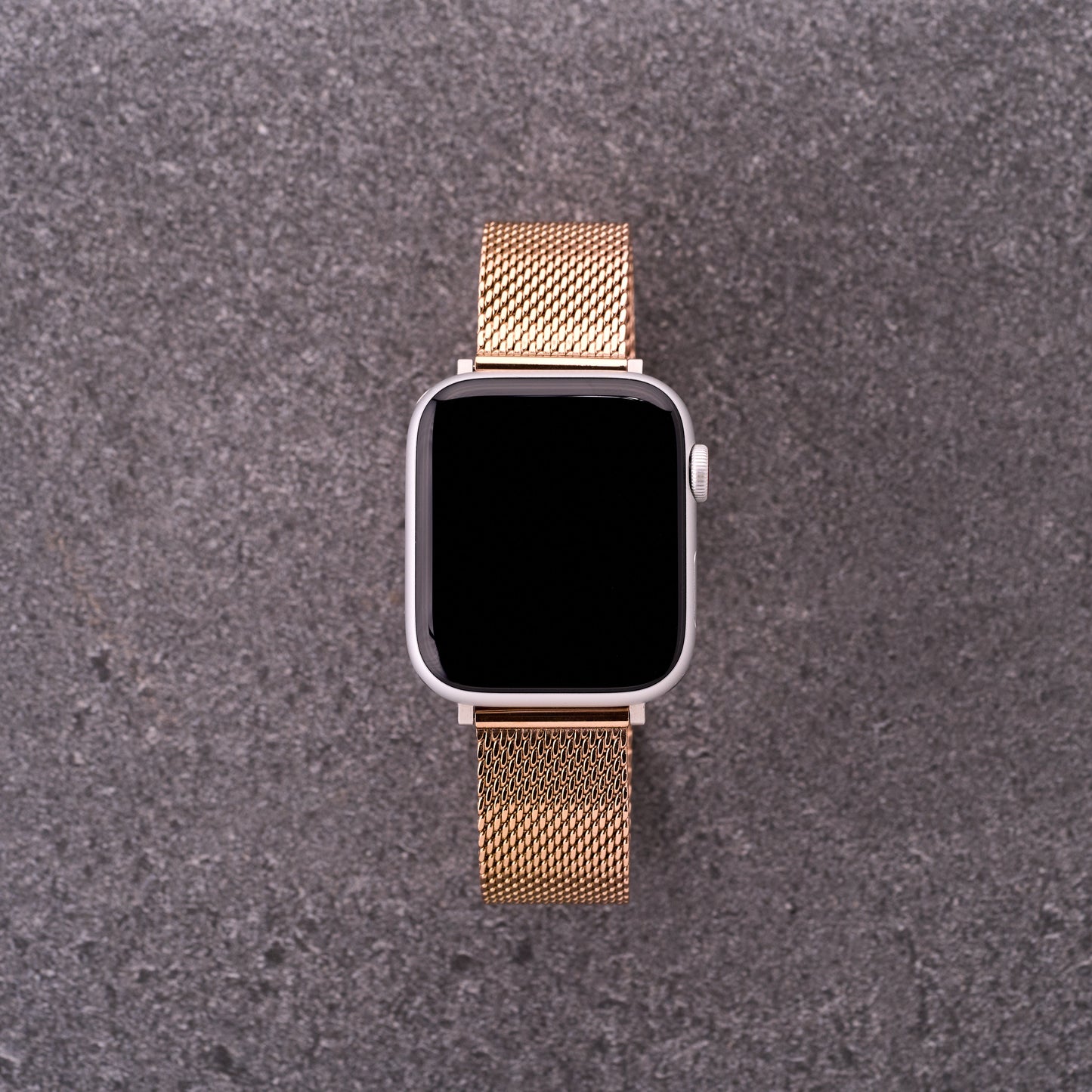 Smartwatch paired with The Sterling bronze rose mesh stainless steel strap, rose gold-tone mesh band compatible with popular smartwatches.​