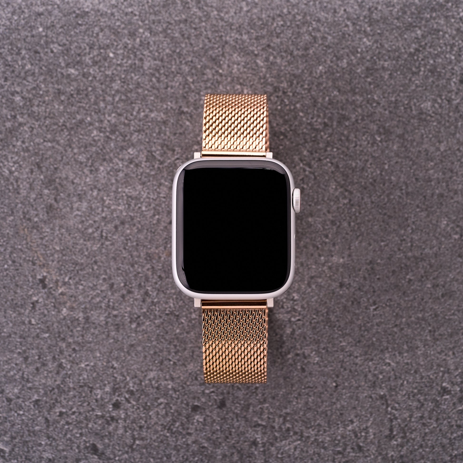 Smartwatch paired with The Sterling bronze rose mesh stainless steel strap, rose gold-tone mesh band compatible with popular smartwatches.​