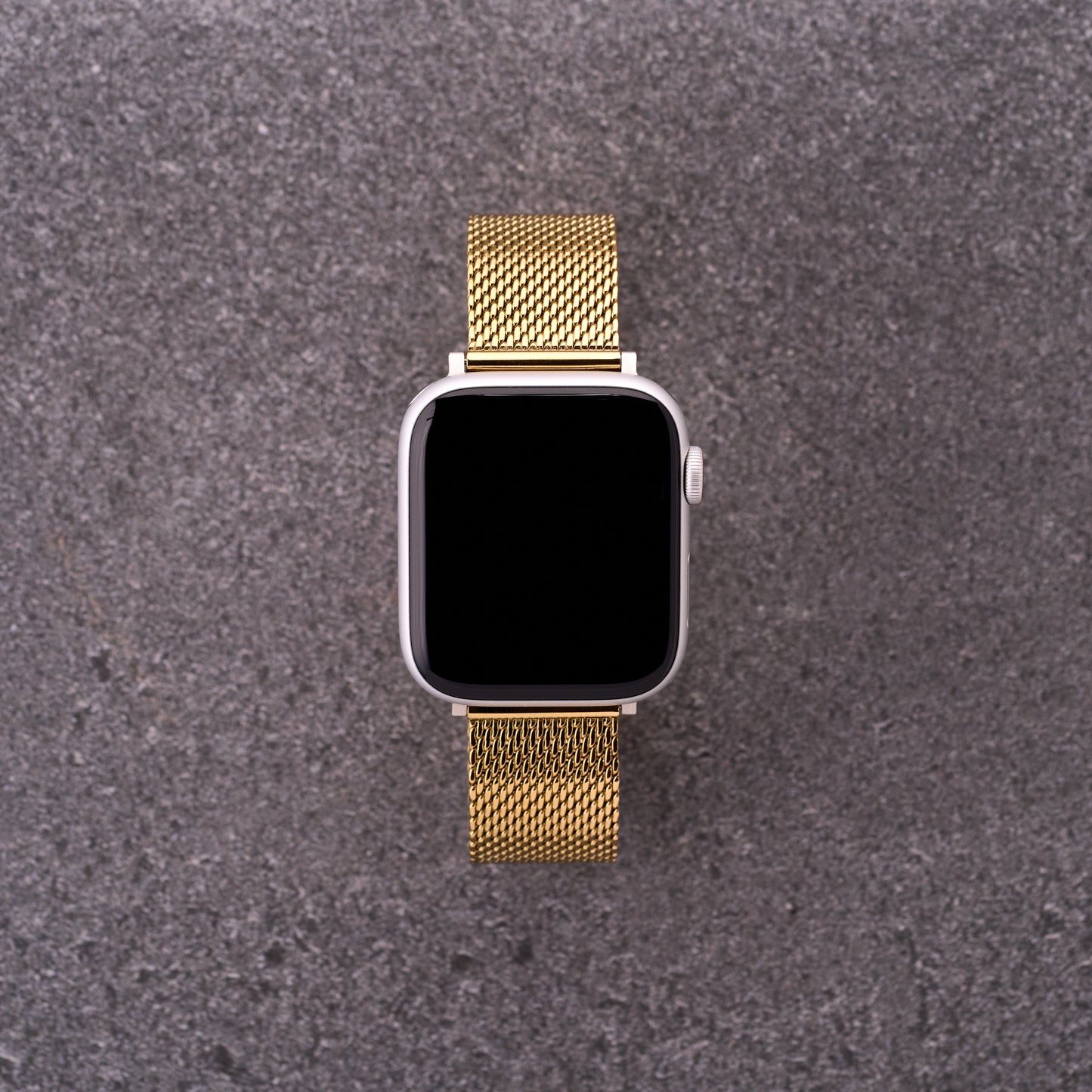 Smartwatch fitted with The Sterling gold mesh stainless steel strap, premium gold metal band option for Apple and Samsung style watches.