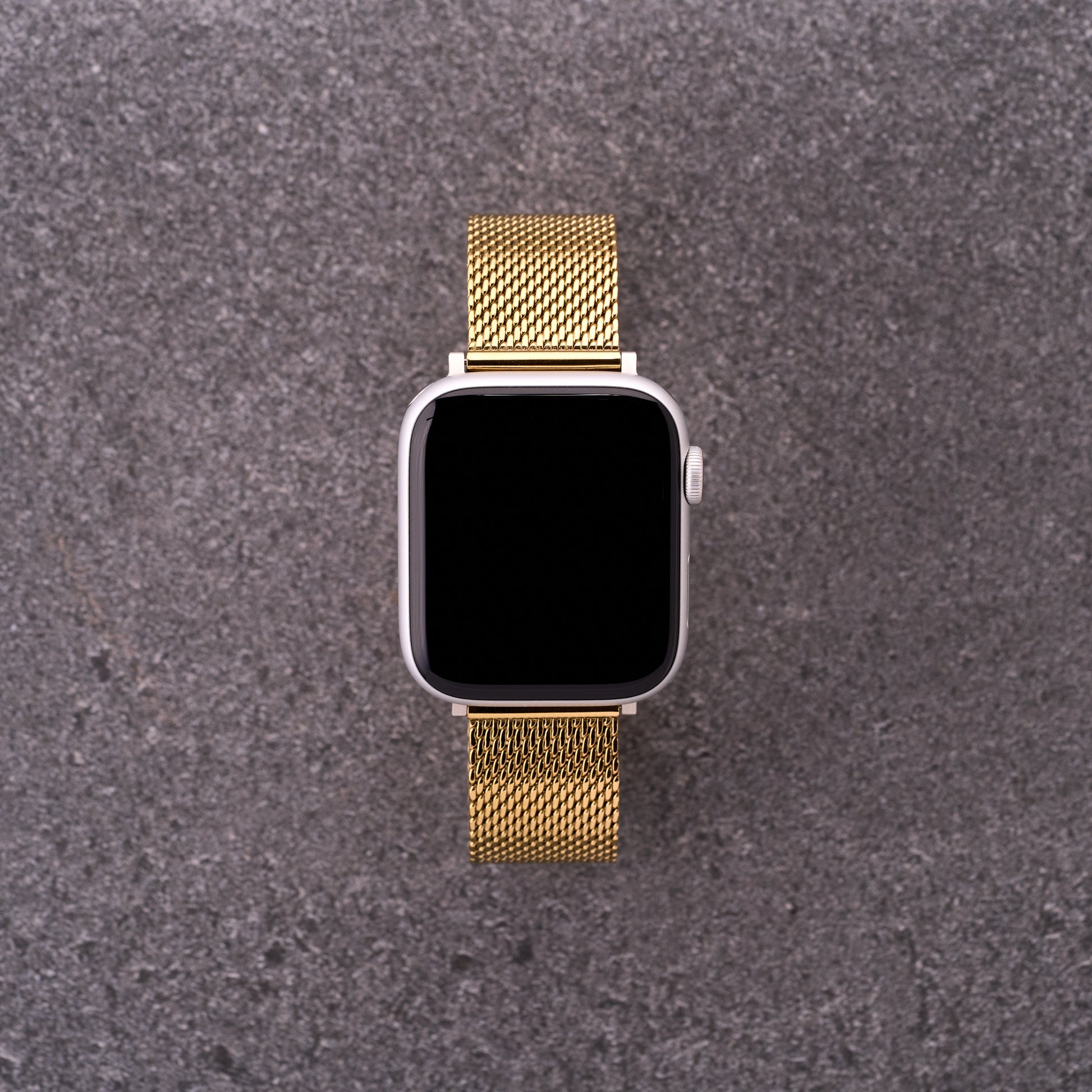 Smartwatch fitted with The Sterling gold mesh stainless steel strap, premium gold metal band option for Apple and Samsung style watches.