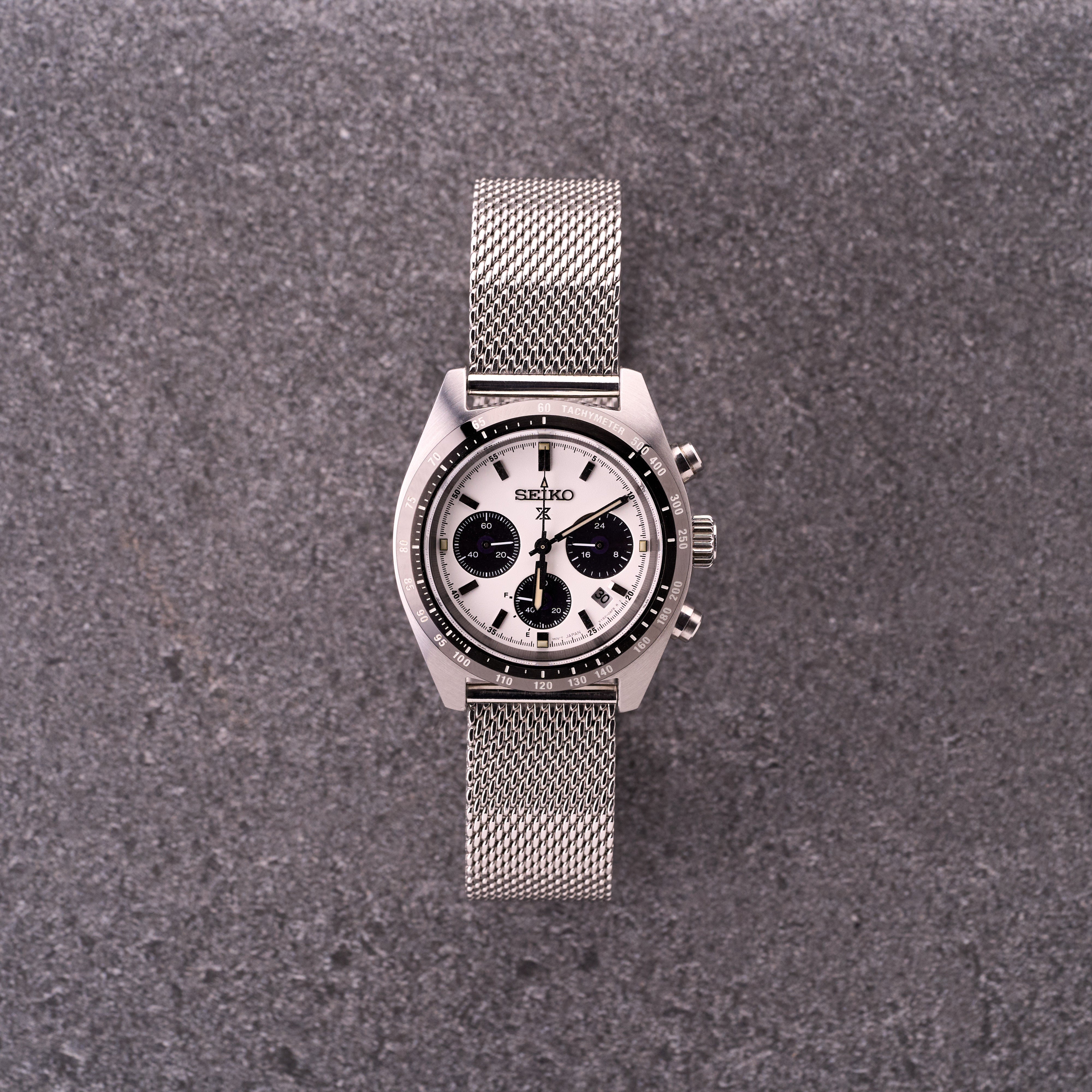 Silver chronograph on The Sterling silver mesh stainless steel watch bracelet, fine Milanese mesh strap for classic watches.