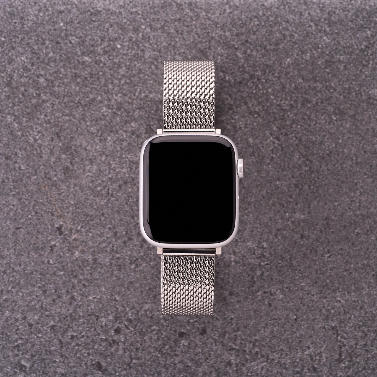 Smartwatch paired with The Sterling silver mesh stainless steel strap, slim mesh bracelet upgrade for Apple and Garmin style watches.