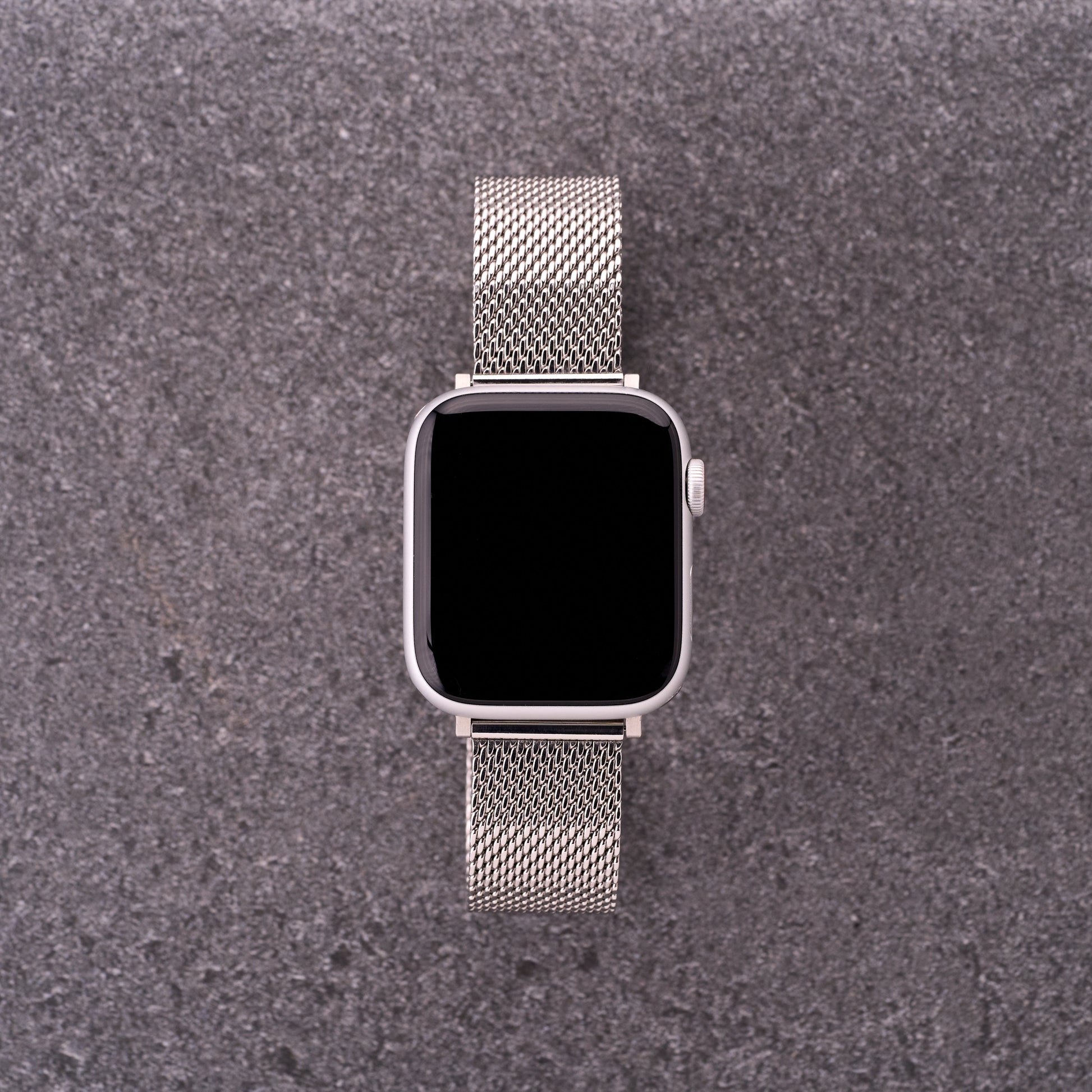 Smartwatch paired with The Sterling silver mesh stainless steel strap, slim mesh bracelet upgrade for Apple and Garmin style watches.
