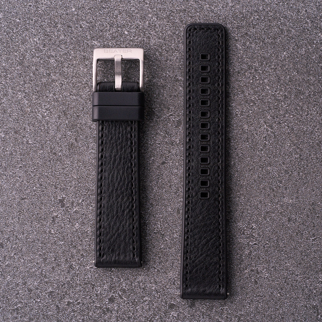 The Tailor black leather and FKM rubber watch strap in 18mm 20mm and 22mm, sleek hybrid band that suits dress and sport watches.
