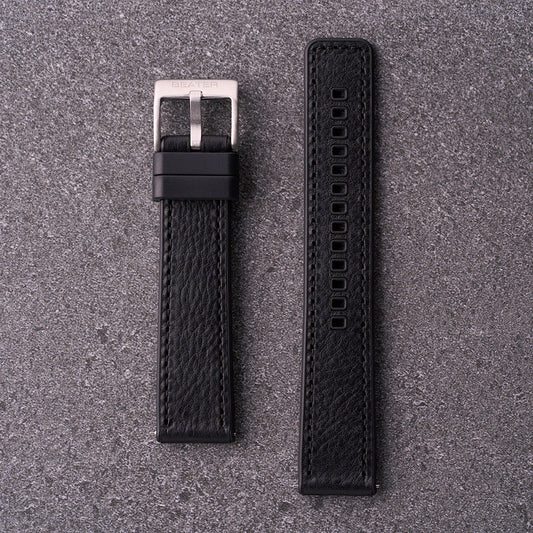 The Tailor black leather and FKM rubber watch strap in 18mm 20mm and 22mm, sleek hybrid band that suits dress and sport watches.