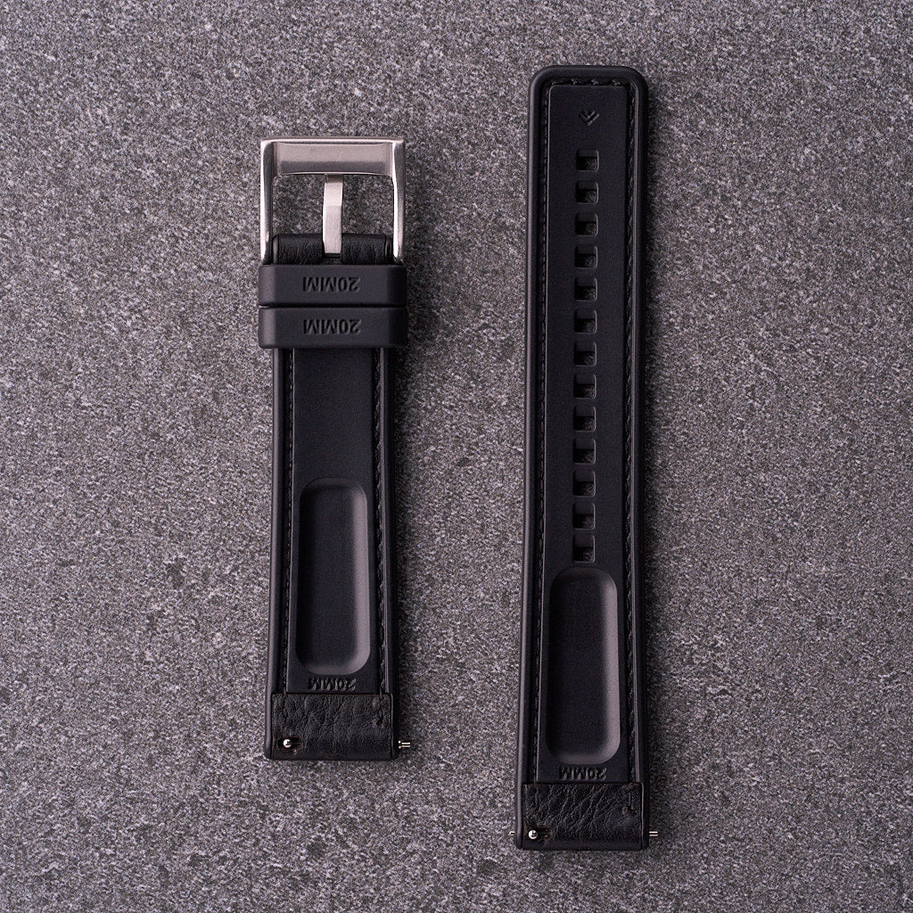 Underside of The Tailor black strap showing patterned FKM rubber base for grip and all-day comfort.