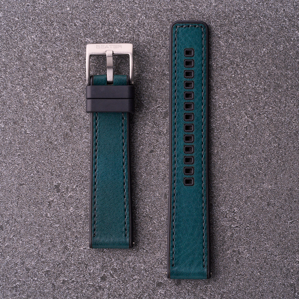 The Tailor blue leather and FKM rubber watch band in 18mm 20mm and 22mm, refined hybrid strap for casual and office watches.