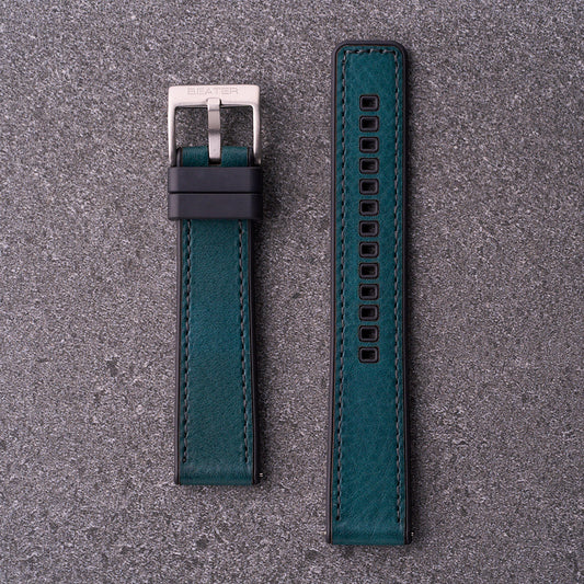The Tailor blue leather and FKM rubber watch band in 18mm 20mm and 22mm, refined hybrid strap for casual and office watches.