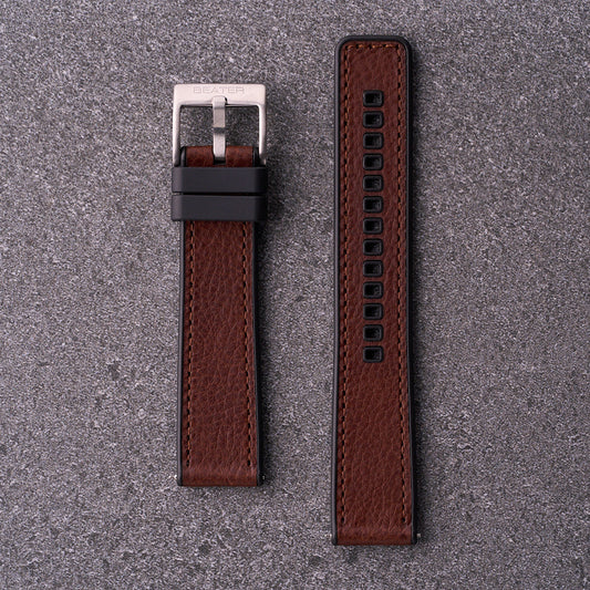 The Tailor brown leather and FKM rubber watch strap in 18mm 20mm and 22mm, classic hybrid band for everyday wear.