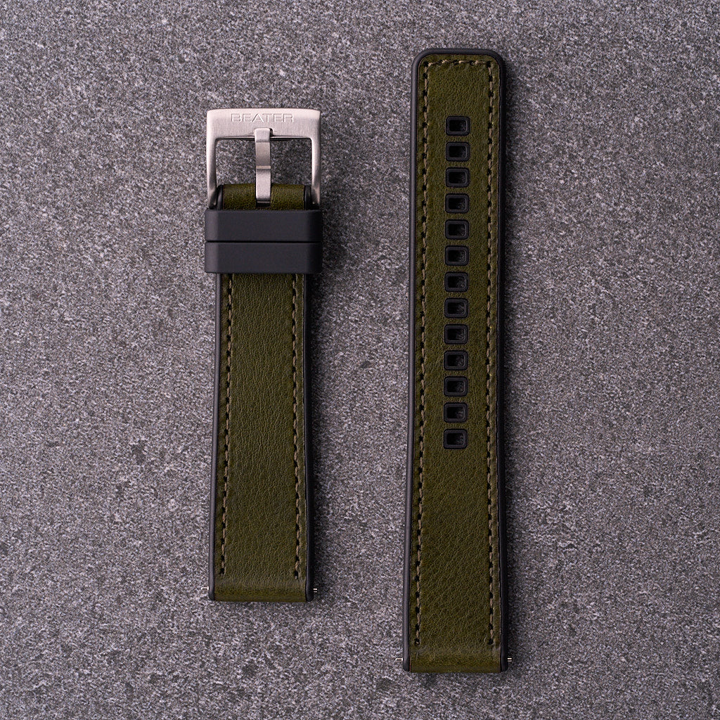 The Tailor green leather and FKM rubber watch band in 18mm 20mm and 22mm, versatile hybrid strap for field and everyday watches.