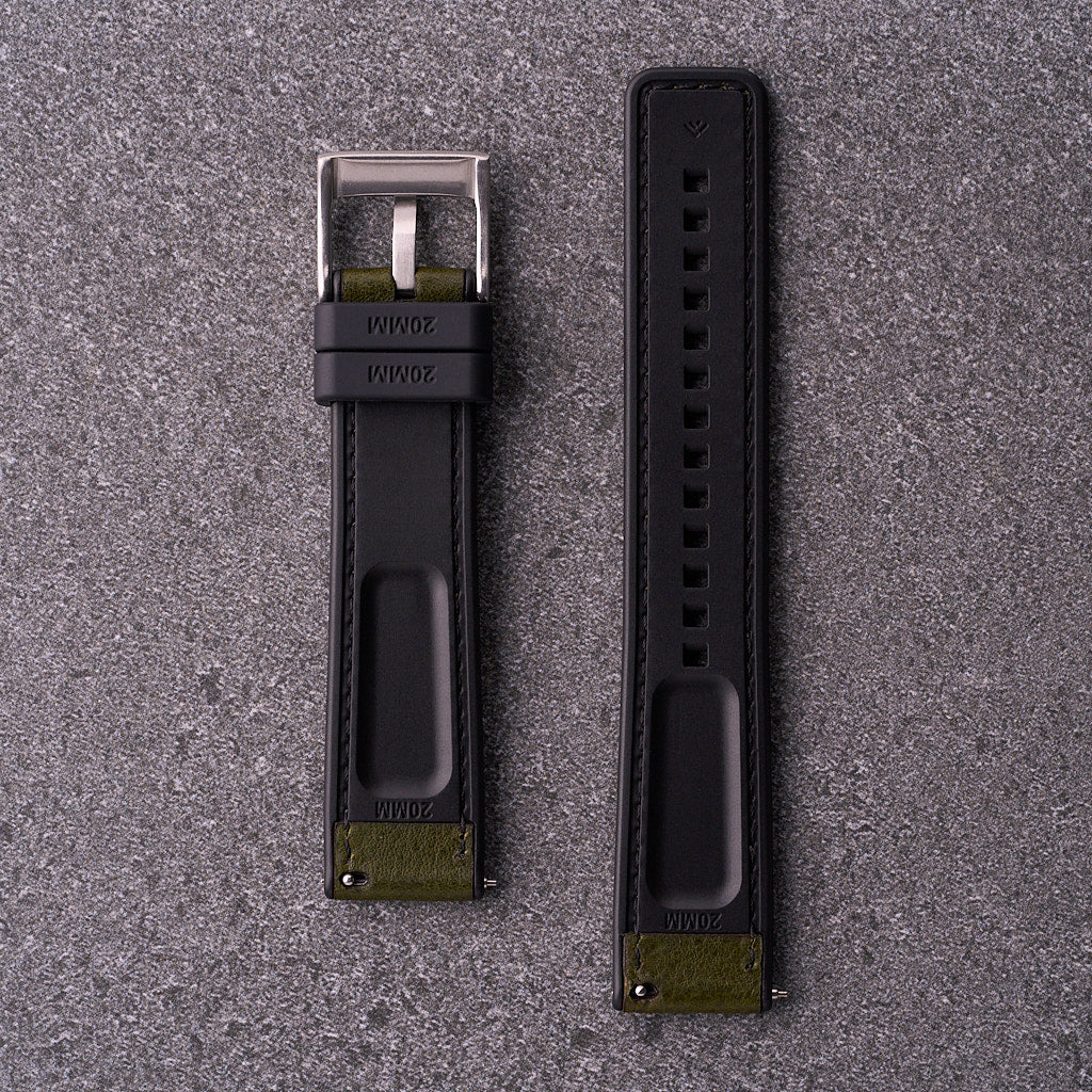 Underside of The Tailor green strap showing textured FKM rubber base designed for comfort and grip.