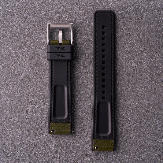 Underside of The Tailor green strap showing textured FKM rubber base designed for comfort and grip.