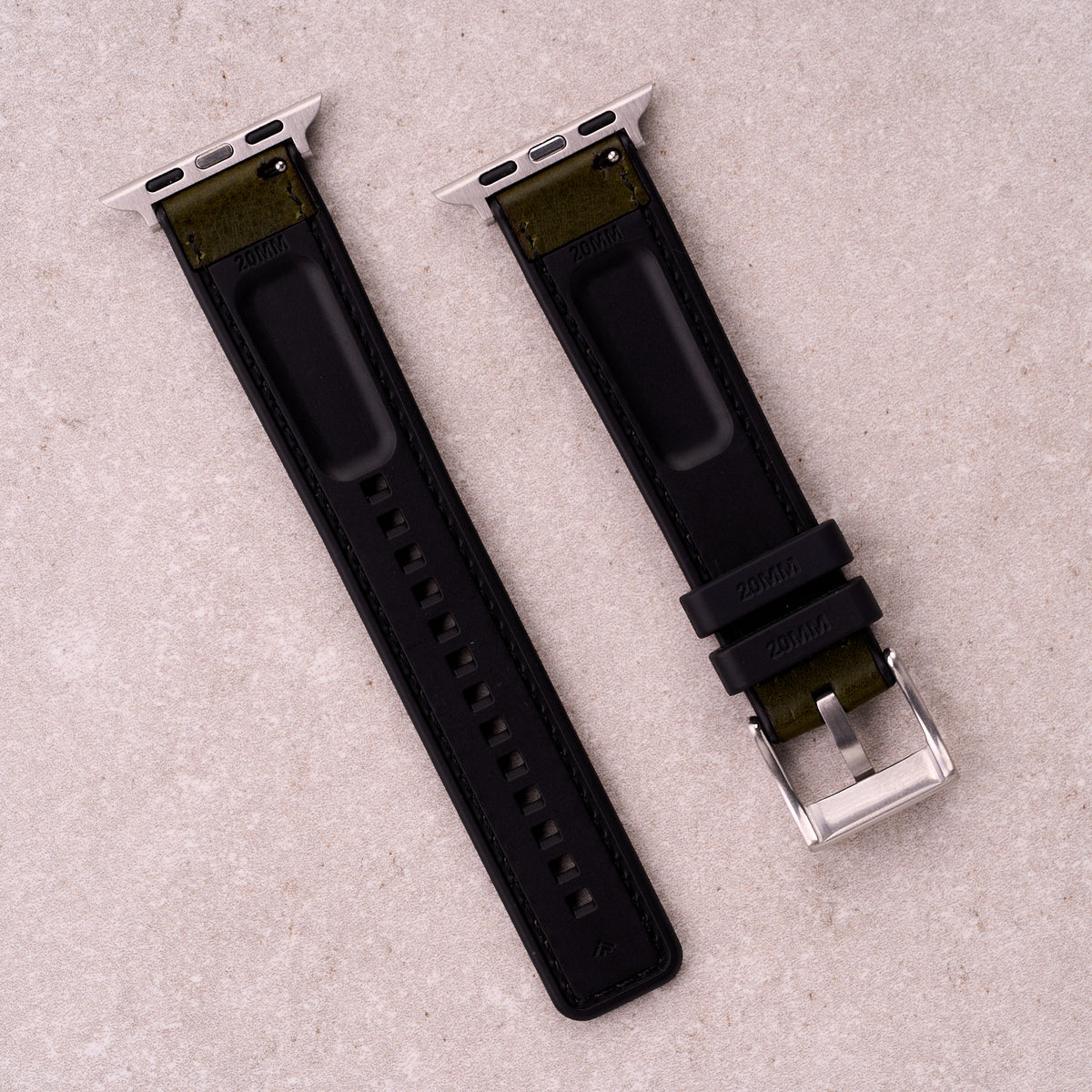 The Tailor leather and FKM rubber Apple Watch band in Army Green, back view showing the quick release pin and strap size marking