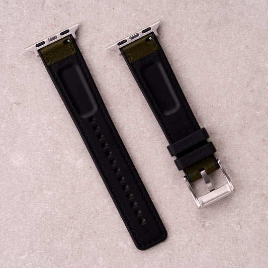 The Tailor leather and FKM rubber Apple Watch band in Army Green, back view showing the quick release pin and strap size marking