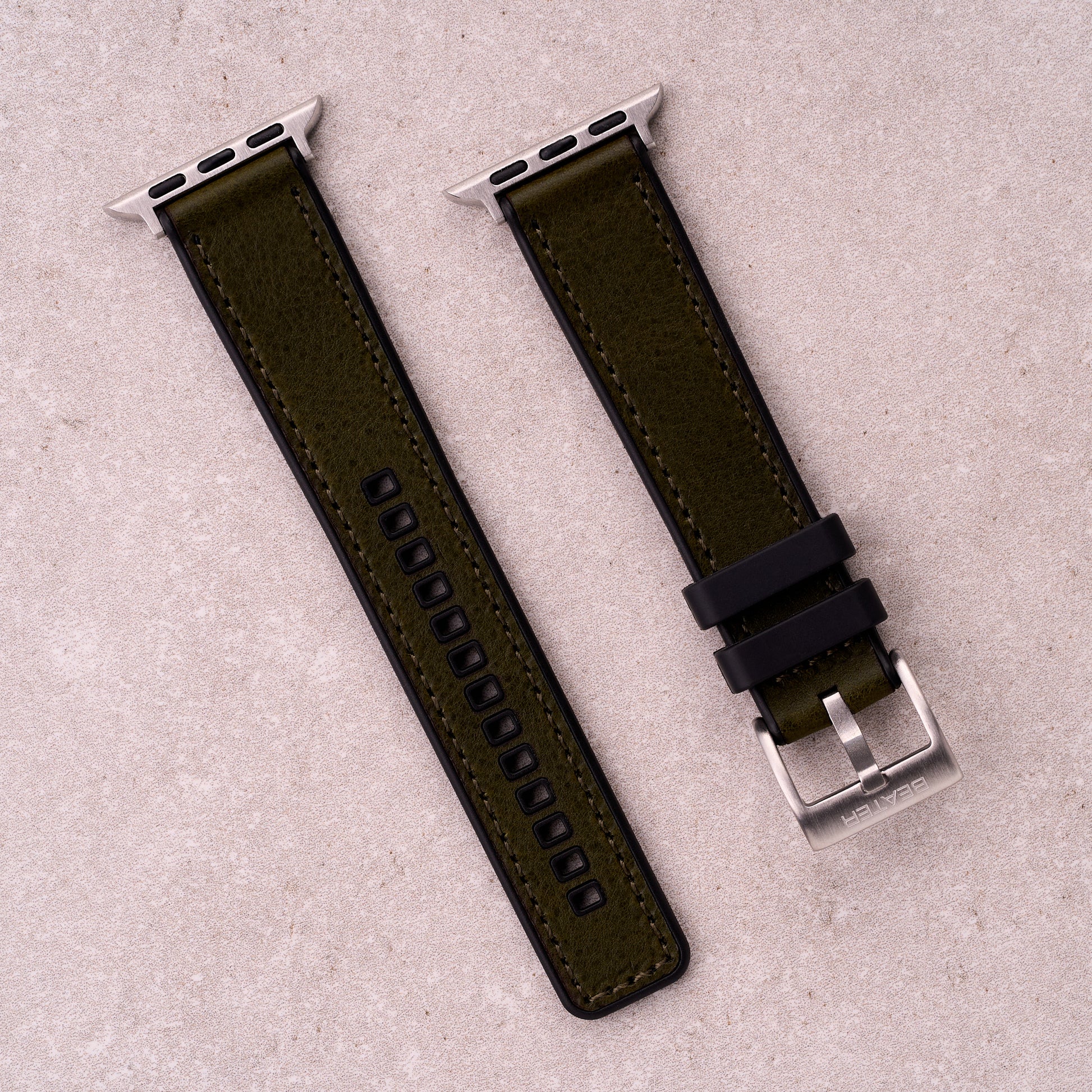 The Tailor leather and FKM rubber Apple Watch band in Army Green, front view showing the full strap and buckle