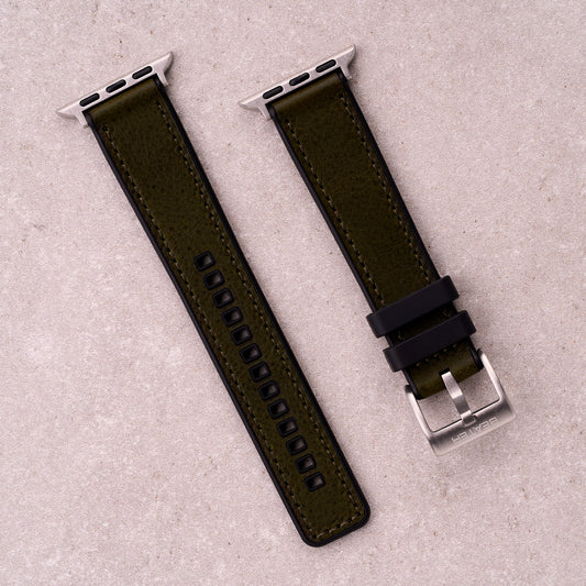 The Tailor leather and FKM rubber Apple Watch band in Army Green, front view showing the full strap and buckle