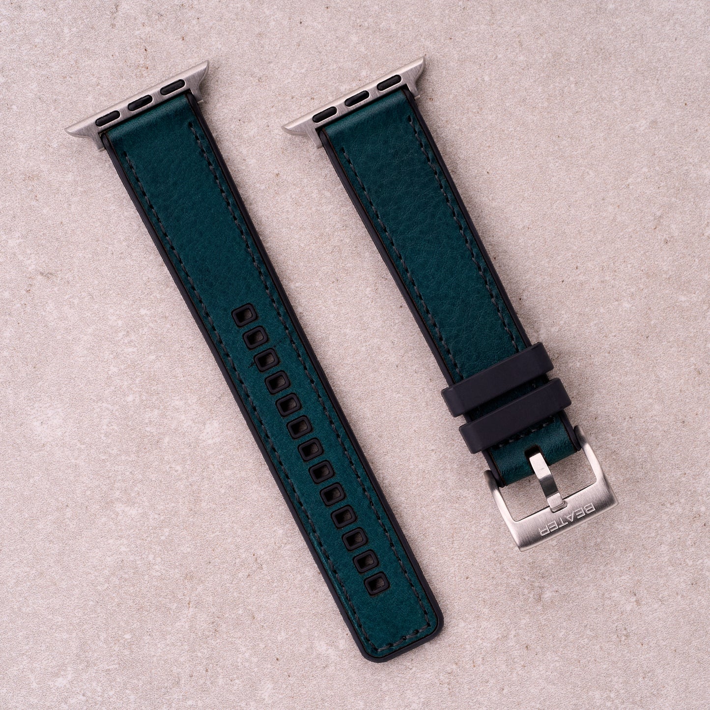 The Tailor leather and FKM rubber Apple Watch band in Blue, front view showing the full strap and buckle