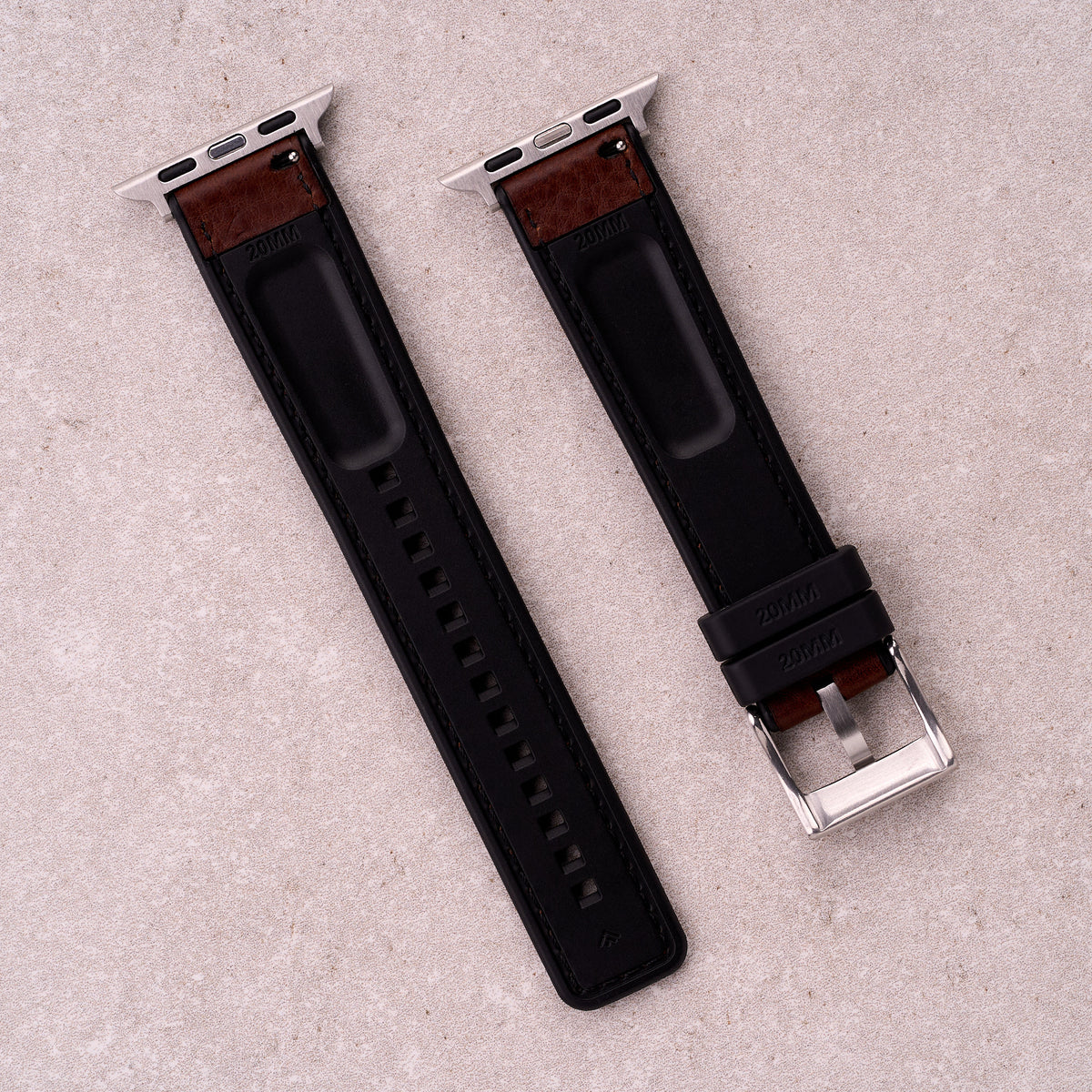 The Tailor leather and FKM rubber Apple Watch band in Brown, back view showing the quick release pin and strap size marking