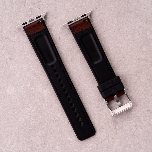 The Tailor leather and FKM rubber Apple Watch band in Brown, back view showing the quick release pin and strap size marking